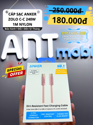 CÁP SẠC ANKER ZOLO C-C 1M NYLON - HỒNG